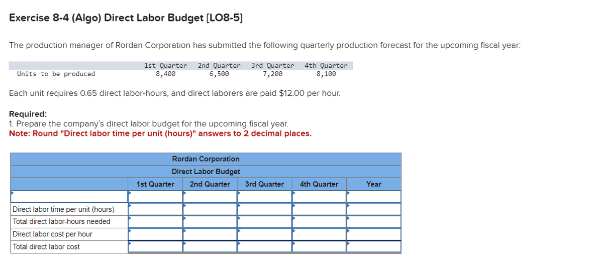 Exercise 8-4 (Algo) Direct Labor Budget [LO8-5]
The production manager of Rordan Corporation has submitted the following quarterly production forecast for the upcoming fiscal year:
1st Quarter 2nd Quarter
8,400
6,500
3rd Quarter 4th Quarter
7,200
8,100
Units to be produced
Each unit requires 0.65 direct labor-hours, and direct laborers are paid $12.00 per hour.
Required:
1. Prepare the company's direct labor budget for the upcoming fiscal year.
Note: Round "Direct labor time per unit (hours)" answers to 2 decimal places.
Direct labor time per unit (hours)
Total direct labor-hours needed
Direct labor cost per hour
Total direct labor cost
Rordan Corporation
Direct Labor Budget
1st Quarter
2nd Quarter 3rd Quarter 4th Quarter
Year