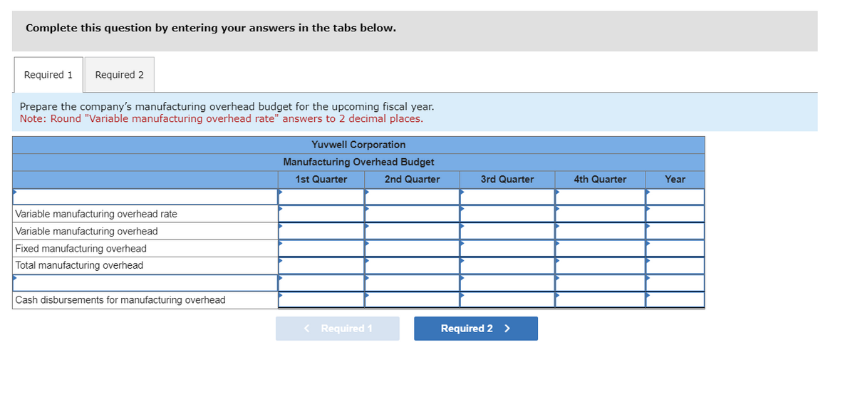 Complete this question by entering your answers in the tabs below.
Required 1 Required 2
Prepare the company's manufacturing overhead budget for the upcoming fiscal year.
Note: Round "Variable manufacturing overhead rate" answers to 2 decimal places.
Variable manufacturing overhead rate
Variable manufacturing overhead
Fixed manufacturing overhead
Total manufacturing overhead
Cash disbursements for manufacturing overhead
Yuvwell Corporation
Manufacturing Overhead Budget
1st Quarter
2nd Quarter
< Required 1
3rd Quarter
Required 2 >
4th Quarter
Year