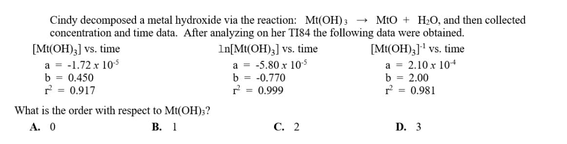 Cindy decomposed a metal hydroxide via the reaction: Mt(OH)3 MtO + H₂O, and then collected
concentration and time data. After analyzing on her TI84 the following data were obtained.
[Mt(OH)3] vs. time
1n[Mt(OH)3] vs. time
a = -1.72 x 10-5
b = 0.450
r² = 0.917
What is the order with respect to Mt(OH)3?
B. 1
A. 0
a = -5.80 x 10-5
b = -0.770
r² = 0.999
C. 2
[Mt(OH)3]¹ vs. time
a = 2.10 x 10-4
b = 2.00
r² = 0.981
D. 3