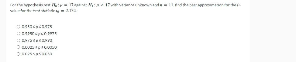 For the hypothesis test Ho: μ = 17 against H₁: μ< 17 with variance unknown and n = 11, find the best approximation for the P-
value for the test statistic to = 2.132.
O 0.950 sp≤ 0.975
O 0.9950 ≤p ≤ 0.9975
O 0.975 ≤p ≤ 0.990
O 0.0025 ≤p ≤ 0.0050
O 0.025 sp≤ 0.050