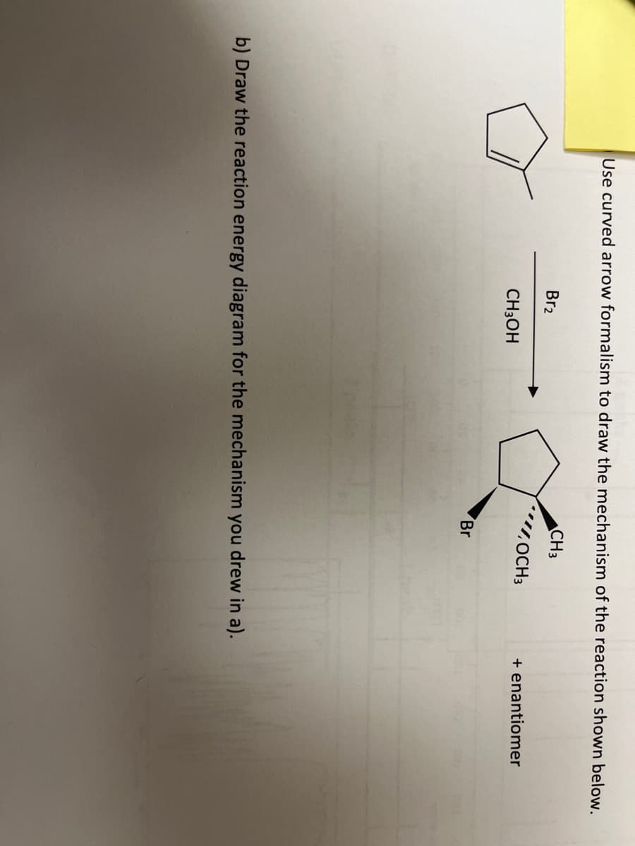 Use curved arrow formalism to draw the mechanism of the reaction shown below.
Br₂
CH3OH
CH3
Br
OCH 3
b) Draw the reaction energy diagram for the mechanism you drew in a).
+ enantiomer