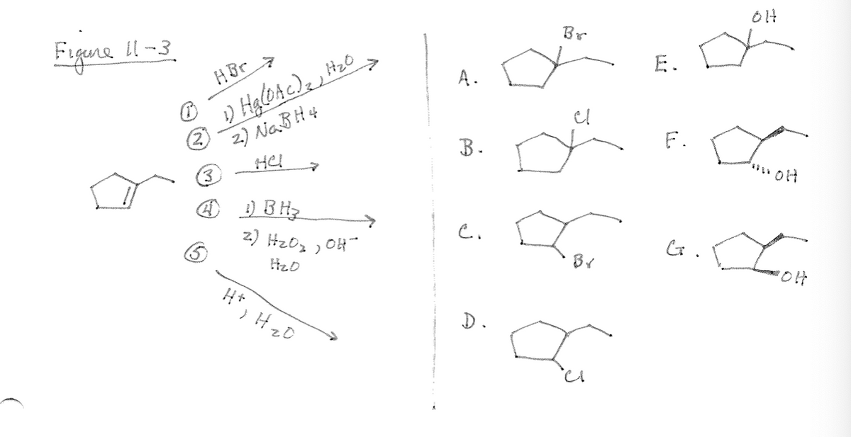 Figure 11-3
HBr
7
1) Hg (DAC)2, H₂0
2) Na BH 4
3
41) BH₂
2) H₂O₂, OH-
)
H₂D
H² H ₂0
A.
B.
c.
D.
Br
el
I
Br
La
E.
F.
G.
OH
Punott
LOH