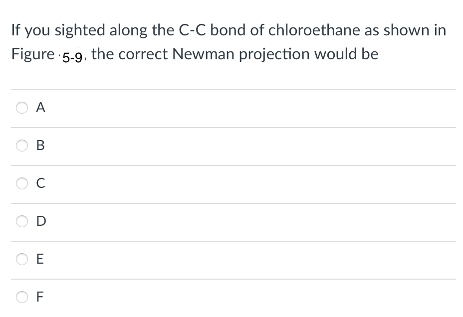 If you sighted along the C-C bond of chloroethane as shown in
Figure 5-9, the correct Newman projection would be
A
B
с
D
E
F
