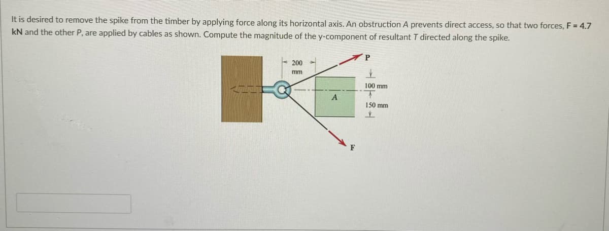 It is desired to remove the spike from the timber by applying force along its horizontal axis. An obstruction A prevents direct access, so that two forces, F = 4.7
kN and the other P, are applied by cables as shown. Compute the magnitude of the y-component of resultant T directed along the spike.
P
200
mm
100 mm
A
150 mm
