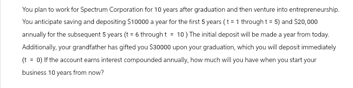 You plan to work for Spectrum Corporation for 10 years after graduation and then venture into entrepreneurship.
You anticipate saving and depositing $10000 a year for the first 5 years (t = 1 through t = 5) and $20,000
annually for the subsequent 5 years (t = 6 through t = 10) The initial deposit will be made a year from today.
Additionally, your grandfather has gifted you $30000 upon your graduation, which you will deposit immediately
(t = 0) If the account earns interest compounded annually, how much will you have when you start your
business 10 years from now?