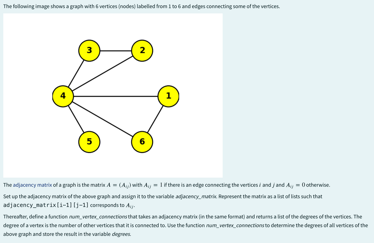 The following image shows a graph with 6 vertices (nodes) labelled from 1 to 6 and edges connecting some of the vertices.
4
3
5
2
6
1
The adjacency matrix of a graph is the matrix A = (Aij) with Aij
=
1 if there is an edge connecting the vertices i and j and Aij = 0 otherwise.
Set up the adjacency matrix of the above graph and assign it to the variable adjacency_matrix. Represent the matrix as a list of lists such that
adjacency_matrix[i-1] [j-1] corresponds to A¡j.
Thereafter, define a function num_vertex_connections that takes an adjacency matrix (in the same format) and returns a list of the degrees of the vertices. The
degree of a vertex is the number of other vertices that it is connected to. Use the function num_vertex_connections to determine the degrees of all vertices of the
above graph and store the result in the variable degrees.