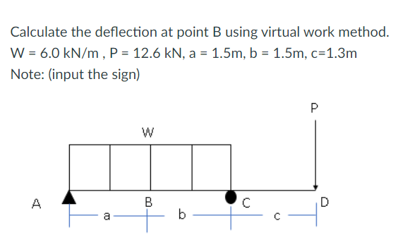 Calculate the deflection at point B using virtual work method.
W = 6.0 kN/m, P = 12.6 kN, a = 1.5m, b = 1.5m, c=1.3m
Note: (input the sign)
A
(0
W
B
b
C
P
D