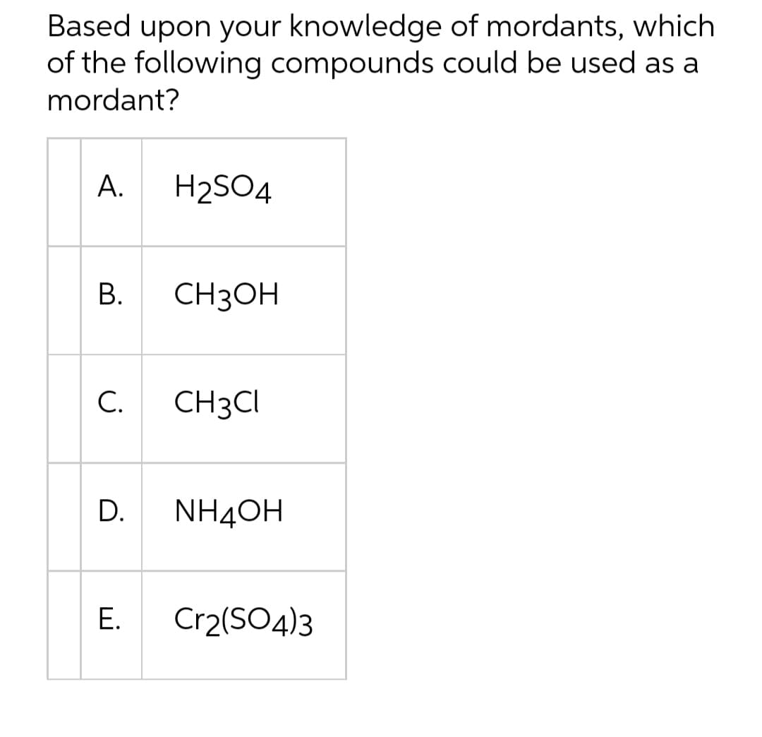 Based upon your knowledge of mordants, which
of the following compounds could be used as a
mordant?
A.
B.
C.
D.
E.
H₂SO4
CH3OH
CH3CI
NHẠCH
Cr2(SO4)3