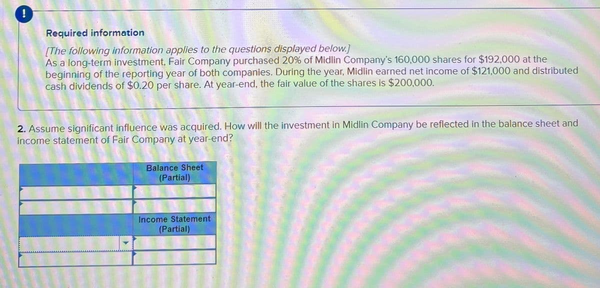 !
Required information
[The following information applies to the questions displayed below.]
As a long-term investment, Fair Company purchased 20% of Midlin Company's 160,000 shares for $192,000 at the
beginning of the reporting year of both companies. During the year, Midlin earned net income of $121,000 and distributed
cash dividends of $0.20 per share. At year-end, the fair value of the shares is $200,000.
2. Assume significant influence was acquired. How will the investment in Midlin Company be reflected in the balance sheet and
income statement of Fair Company at year-end?
Balance Sheet
(Partial)
Income Statement
(Partial)