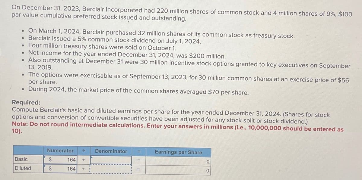 On December 31, 2023, Berclair Incorporated had 220 million shares of common stock and 4 million shares of 9%, $100
par value cumulative preferred stock issued and outstanding.
On March 1, 2024, Berclair purchased 32 million shares of its common stock as treasury stock.
• Berclair issued a 5% common stock dividend on July 1, 2024.
Four million treasury shares were sold on October 1.
.Net income for the year ended December 31, 2024, was $200 million.
Also outstanding at December 31 were 30 million incentive stock options granted to key executives on September
13, 2019.
The options were exercisable as of September 13, 2023, for 30 million common shares at an exercise price of $56
per share.
During 2024, the market price of the common shares averaged $70 per share.
Required:
Compute Berclair's basic and diluted earnings per share for the year ended December 31, 2024. (Shares for stock
options and conversion of convertible securities have been adjusted for any stock split or stock dividend.)
Note: Do not round intermediate calculations. Enter your answers in millions (i.e., 10,000,000 should be entered as
10).
Numerator
Denominator =
Earnings per Share
Basic
$
164 +
=
0
Diluted
$
164
+
0