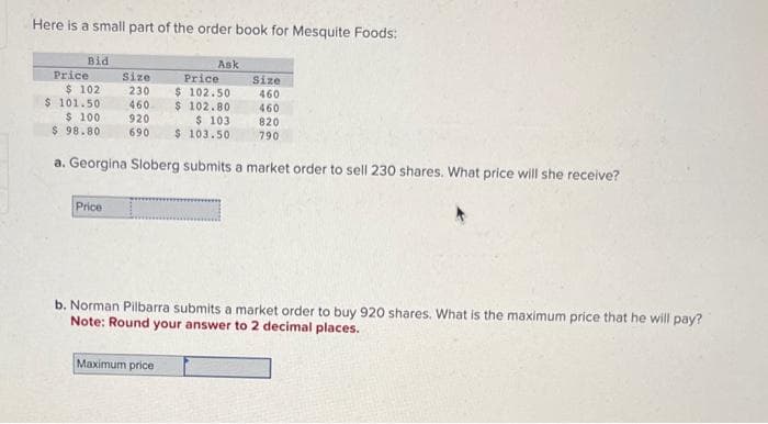 Here is a small part of the order book for Mesquite Foods:
Bid
Ask
Price
Size
Price
Size
$ 102
230
$ 102.50
460
$ 101.50
460
$ 102.80
460
$ 100
920
$ 103
820
$ 98.80
690
$ 103.50
790
a. Georgina Sloberg submits a market order to sell 230 shares. What price will she receive?
Price
b. Norman Pilbarra submits a market order to buy 920 shares. What is the maximum price that he will pay?
Note: Round your answer to 2 decimal places.
Maximum price