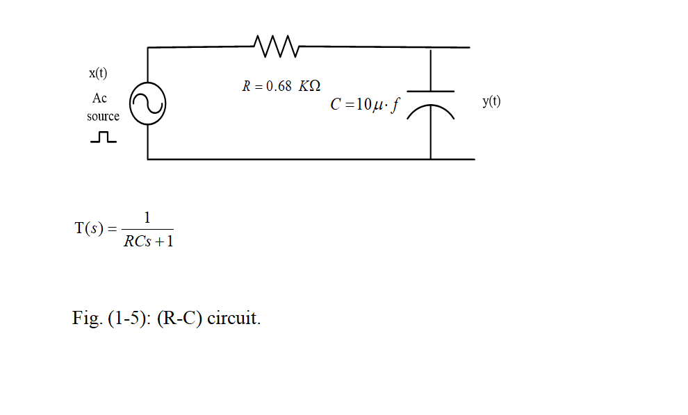 x(t)
R = 0.68 KQ
Ac
C =10u-f
y(t)
source
1
T(s)
RCs +1
Fig. (1-5): (R-C) circuit.
