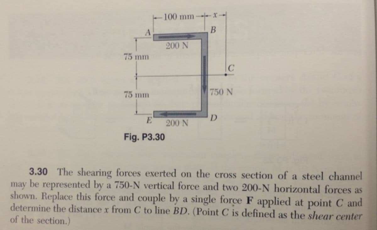 A
75 mm
75 mm
100 mm
E
Fig. P3.30
200 N
200 N
x
B
с
750 N
D
3.30 The shearing forces exerted on the cross section of a steel channel
may be represented by a 750-N vertical force and two 200-N horizontal forces as
shown. Replace this force and couple by a single force F applied at point C and
determine the distance x from C to line BD. (Point C is defined as the shear center
of the section.)