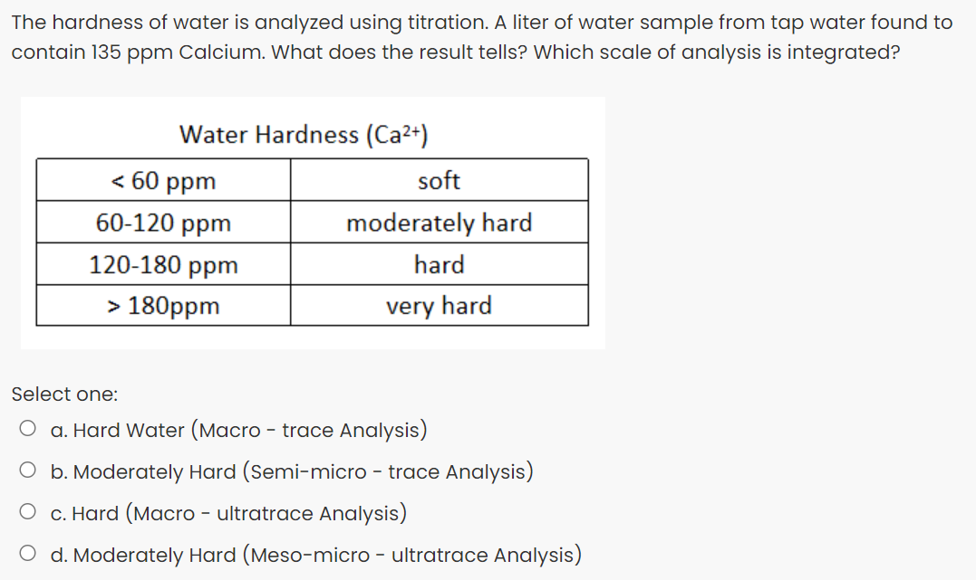 The hardness of water is analyzed using titration. A liter of water sample from tap water found to
contain 135 ppm Calcium. What does the result tells? Which scale of analysis is integrated?
Water Hardness (Ca2+)
< 60 рpm
soft
60-120 ppm
moderately hard
120-180 ppm
hard
> 180ppm
very hard
Select one:
O a. Hard Water (Macro - trace Analysis)
O b. Moderately Hard (Semi-micro - trace Analysis)
c. Hard (Macro - ultratrace Analysis)
O d. Moderately Hard (Meso-micro - ultratrace Analysis)
