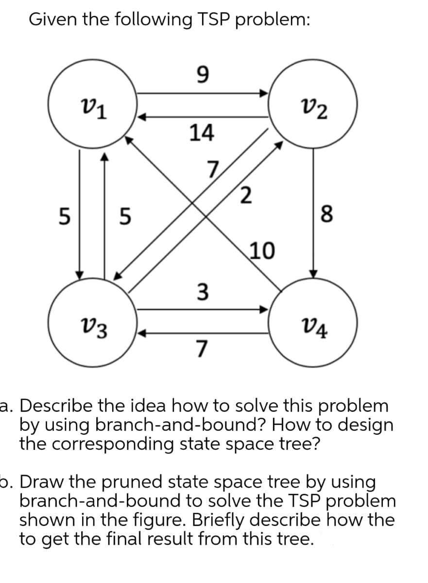 Given the following TSP problem:
9
V2
V1
14
5
5
7
2
10
8
3
V4
V3
7
a. Describe the idea how to solve this problem
by using branch-and-bound? How to design
the corresponding state space tree?
b. Draw the pruned state space tree by using
branch-and-bound to solve the TSP problem
shown in the figure. Briefly describe how the
to get the final result from this tree.