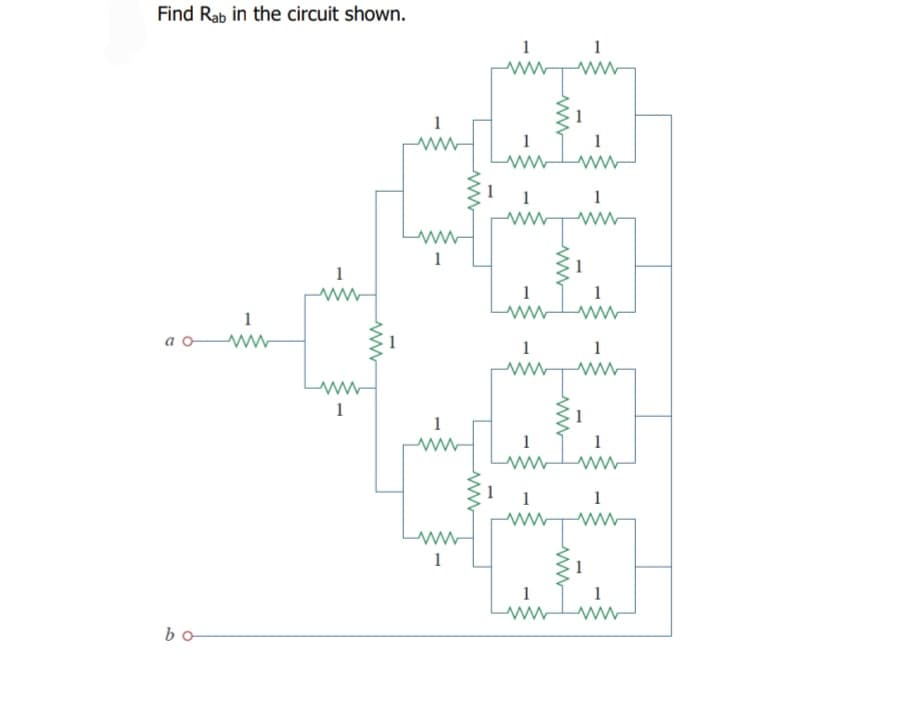 Find Rab in the circuit shown.
1
1
1
winti
1
1
1
1
1
1
1
a o ww
1
1
1
1
1
1
1
1
1
1
1
Luinti
1
1
bo
ww
