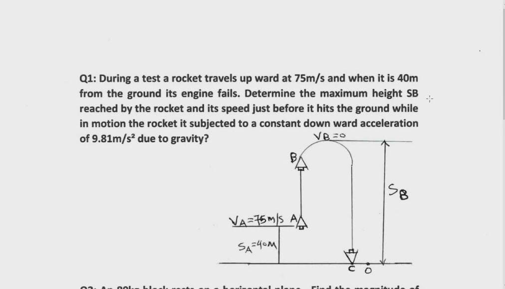 Q1: During a test a rocket travels up ward at 75m/s and when it is 40m
from the ground its engine fails. Determine the maximum height SB
reached by the rocket and its speed just before it hits the ground while
in motion the rocket it subjected to a constant down ward acceleration
of 9.81m/s due to gravity?
VB=0
VA-75M/S AA
SA-40M
