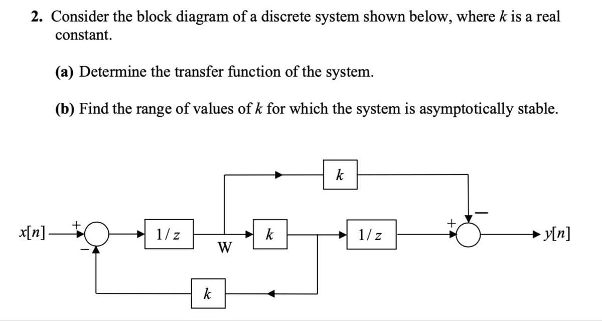 2. Consider the block diagram of a discrete system shown below, where k is a real
constant.
(a) Determine the transfer function of the system.
(b) Find the range of values of k for which the system is asymptotically stable.
k
+
x[n]
1/z
k
1/z
➤y[n]
W
k