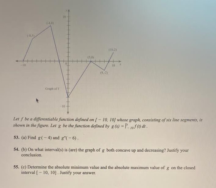 (5,0)
A
-10
Graph of f
10
10
Let f be a differentiable function defined on [-10, 10] whose graph, consisting of six line segments, is
shown in the figure. Let g be the function defined by g(x)=10f (1) dt.
53. (a) Find g(-4) and g"(-6).
54. (b) On what interval(s) is (are) the graph of g both concave up and decreasing? Justify your
conclusion.
55. (c) Determine the absolute minimum value and the absolute maximum value of g on the closed
interval [10, 10]. Justify your answer.