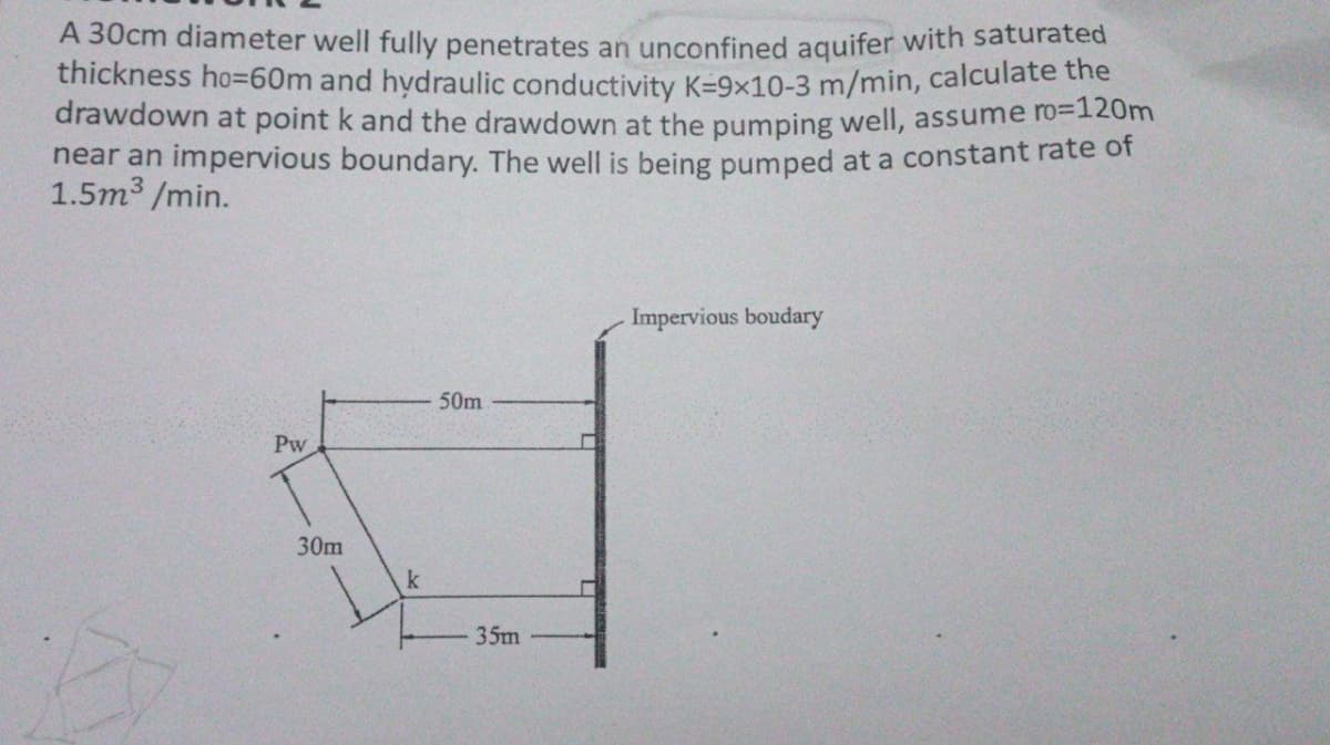 A 30cm diameter well fully penetrates an unconfined aquifer with saturated
thickness ho=60m and hydraulic conductivity K-9x10-3 m/min, calculate the
drawdown at point k and the drawdown at the pumping well, assume ro=120m
near an impervious boundary. The well is being pumped at a constant rate of
1.5m³/min.
Pw
30m
k
50m
35m
Impervious boudary