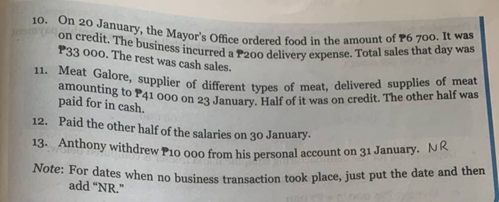 10. On 20 January, the Mayor's Office ordered food in the amount of P6 700. It was
on credit. The business incurred a P200 delivery expense. Total sales that day was
P33 000. The rest was cash sales.
11. Meat Galore, supplier of different types of meat, delivered supplies of meat
amounting to P41 000 on 23 January. Half of it was on credit. The other half was
paid for in cash.
12. Paid the other half of the salaries on 30 January.
13. Anthony withdrew P10 000 from his personal account on 31 January. NR
Note: For dates when no business transaction took place, just put the date and then
add "NR."
000 20