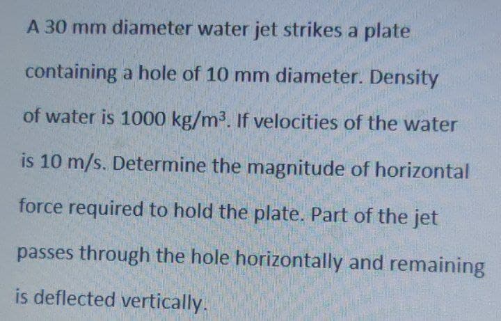 A 30 mm diameter water jet strikes a plate
containing a hole of 10 mm diameter. Density
of water is 1000 kg/m³. If velocities of the water
is 10 m/s. Determine the magnitude of horizontal
force required to hold the plate. Part of the jet
passes through the hole horizontally and remaining
is deflected vertically.
