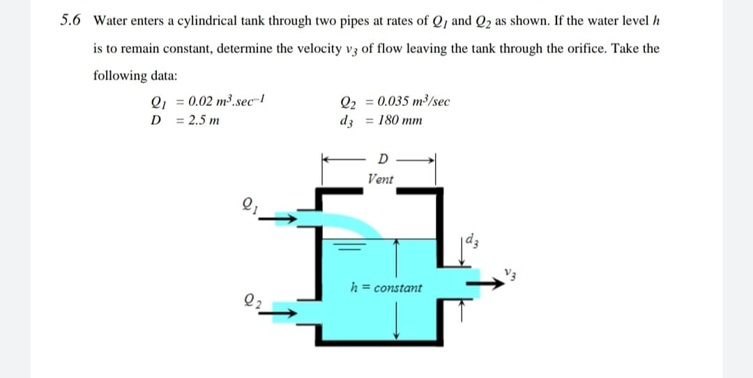 5.6 Water enters a cylindrical tank through two pipes at rates of Q, and Q, as shown. If the water level h
is to remain constant, determine the velocity v3 of flow leaving the tank through the orifice. Take the
following data:
= 0.02 m³.sec-1
= 2.5 m
Q2 = 0.035 m³/sec
dz = 180 mm
D
Vent
h = constant
