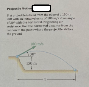 Projectile Motion
5. A projectile is fired from the edge of a 150-m
cliff with an initial velocity of 180 m/s at an angle
of 30 with the horizontal. Neglecting air
resistance, find the horizontal distance from the
cannon to the point where the projectile strikes
the ground
180 m/s
30°
150 m
·x