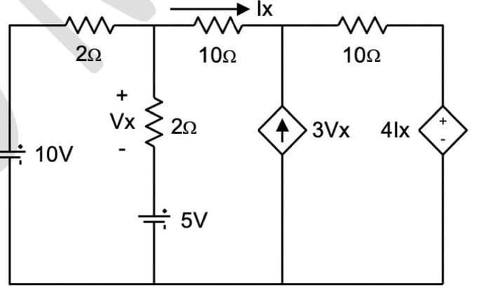 10V
202
+
Vx
F
2Ω
10Ω
5V
Ix
www
10Ω
>3Vx
4lx
+
I