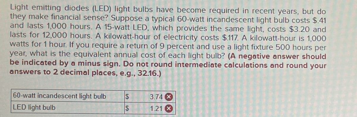 Light emitting diodes (LED) light bulbs have become required in recent years, but do
they make financial sense? Suppose a typical 60-watt incandescent light bulb costs $.41
and lasts 1,000 hours. A 15-watt LED, which provides the same light, costs $3.20 and
lasts for 12,000 hours. A kilowatt-hour of electricity costs $.117. A kilowatt-hour is 1,000
watts for 1 hour. If you require a return of 9 percent and use a light fixture 500 hours per
year, what is the equivalent annual cost of each light bulb? (A negative answer should
be indicated by a minus sign. Do not round intermediate calculations and round your
answers to 2 decimal places, e.g., 32.16.)
60-watt incandescent light bulb
LED light bulb
$
$
3.74 x
1.21