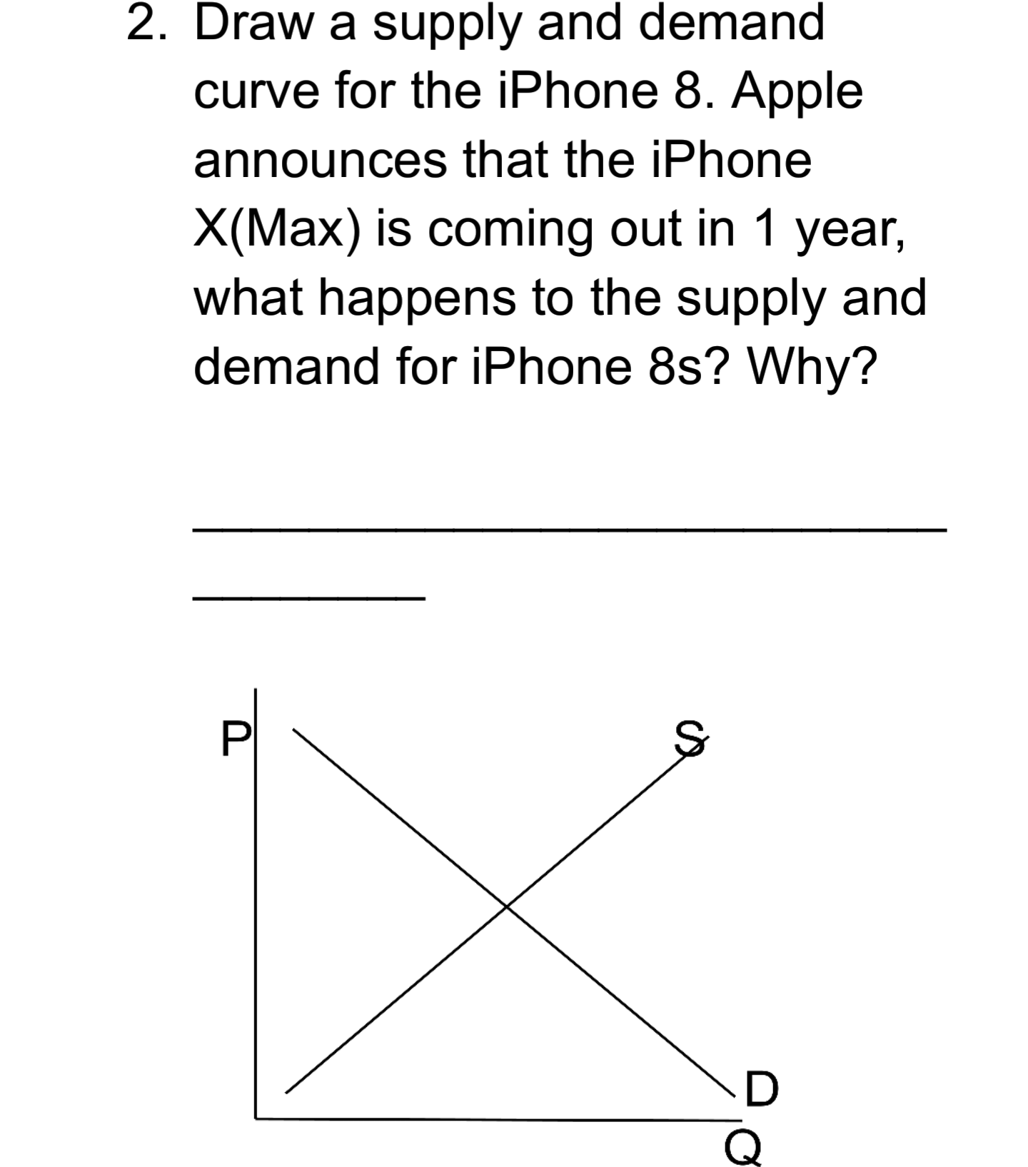 2. Draw a supply and demand
curve for the iPhone 8. Apple
announces that the iPhone
X(Max) is coming out in 1 year,
what happens to the supply and
demand for iPhone 8s? Why?
