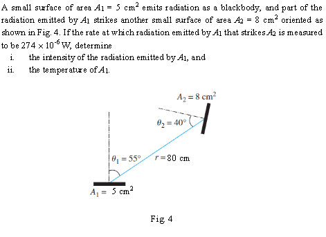 A small surface of area A1 = 5 cm? emits radiation as a blackbody, and part of the
radiation emitted by Ai strikes another small surface of area A2 = 8 cm? oriented as
shown in Fig. 4. If the rate at which radiation em itted by Ai that strikes A is measured
to be 274 x 106 W, determine
i.
the intensity of the radiation emitted by A1, and
the temperature of A1.
ji.
Az = 8 cm?
02 = 40°
10, = 55°
r = 80 cm
A = 5 cm?
Fig 4
