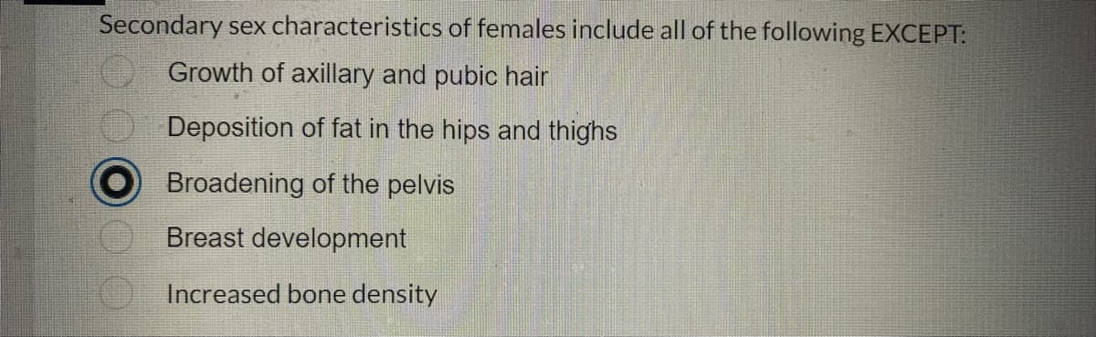 Secondary sex characteristics of females include all of the following EXCEPT:
Growth of axillary and pubic hair
Deposition of fat in the hips and thighs
Broadening of the pelvis
Breast development
Increased bone density