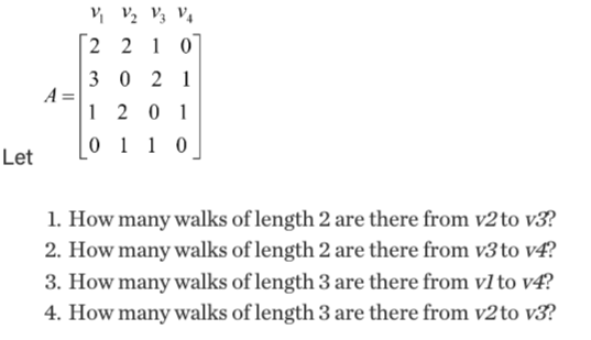Let
A =
V₁ V₂ V3 V4
2210
3021
1201
0 1 1 0
1. How many walks of length 2 are there from v2 to v3?
2. How many walks of length 2 are there from v3 to v4?
3. How many walks of length 3 are there from v1 to v4?
4. How many walks of length 3 are there from v2 to v3?
