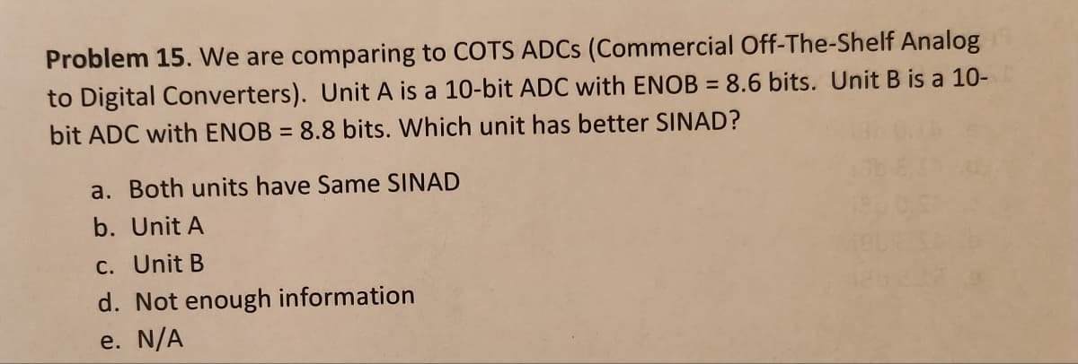 Problem 15. We are comparing to COTS ADCS (Commercial Off-The-Shelf Analog
to Digital Converters). Unit A is a 10-bit ADC with ENOB = 8.6 bits. Unit B is a 10-
bit ADC with ENOB = 8.8 bits. Which unit has better SINAD?
a. Both units have Same SINAD
b. Unit A
c. Unit B
d. Not enough information
e. N/A