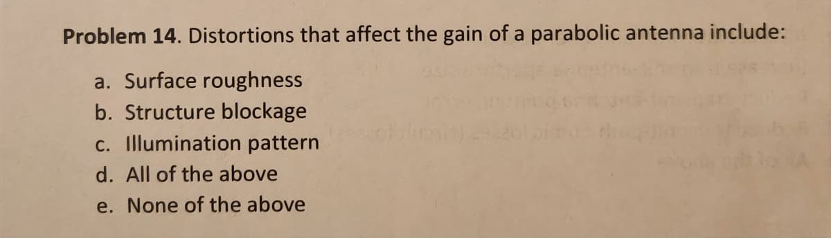 Problem 14. Distortions that affect the gain of a parabolic antenna include:
a. Surface roughness
b. Structure blockage
c. Illumination pattern
d. All of the above
e. None of the above