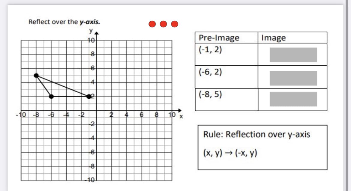 Reflect over the y-axis.
y,
Pre-Image
(-1, 2)
40
Image
(-6, 2)
4
(-8, 5)
-10 -B
-6
-4
-2
4
10 x
-2
Rule: Reflection over y-axis
(x, y) → (-x, y)
-8
40
4.
