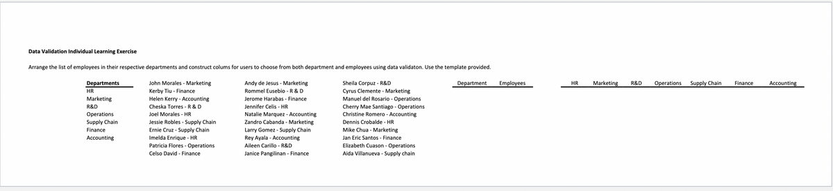 Data Validation Individual Learning Exercise
Arrange the list of employees in their respective departments and construct colums for users to choose from both department and employees using data validaton. Use the template provided.
TEBR-
Departments
John Morales - Marketing
Andy de Jesus - Marketing
Sheila Corpuz - R&D
Department
Employees
HR
Marketing
R&D
Operations
Supply Chain
Finance
Accounting
Kerby Tiu - Finance
Helen Kerry - Accounting
Rommel Eusebio - R & D
Cyrus Clemente - Marketing
Manuel del Rosario - Operations
Marketing
Jerome Harabas - Finance
Cheska Torres - R & D
Jennifer Celis - HR
Cherry Mae Santiago - Operations
Christine Romero - Accounting
R&D
Joel Morales - HR
Natalie Marquez - Accounting
Zandro Cabanda - Marketing
Operations
Supply Chain
Jessie Robles - Supply Chain
Dennis Crobalde - HR
Finance
Larry Gomez - Supply Chain
Mike Chua - Marketing
Ernie Cruz - Supply Chain
Imelda Enrique - HR
Jan Eric Santos - Finance
Elizabeth Cuason - Operations
Accounting
Rey Ayala - Accounting
Patricia Flores - Operations
Aileen Carillo - R&D
Celso David - Finance
Janice Pangilinan - Finance
Aida Villanueva - Supply chain
