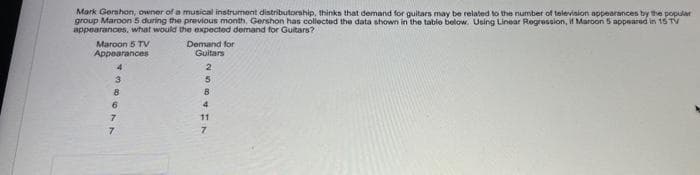 Mark Gershon, owner of a musical instrument distributorship, thinks that demand for guitars may be related to the number of television appearances by the popular
group Maroon 5 during the previous month, Gershon has collected the data shown in the table below. Using Linear Regression, if Maroon 5 appeared in 15 TV
appearances, what would the expected demand for Guitars?
Maroon 5 TV
Appearances
3
6
7
7
Demand for
Guitars
2584EN
B
11
7