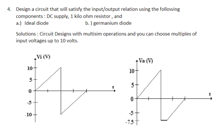 4. Design a circuit that will satisfy the input/output relation using the following
components : DC supply, 1 kilo ohm resistor , and
a.) Ideal diode
b. ) germanium diode
Solutions : Circuit Designs with multisim operations and you can choose multiples of
input voltages up to 10 volts.
Vi (V)
+Vo (V)
10
10
5+
-5
-5-
-10+
-7.5T
