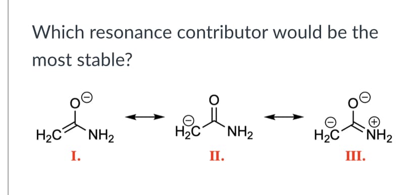 Which resonance contributor would be the
most stable?
H2C
H2C
`NH2
NH2
H2C
III.
`NH2
I.
II.
