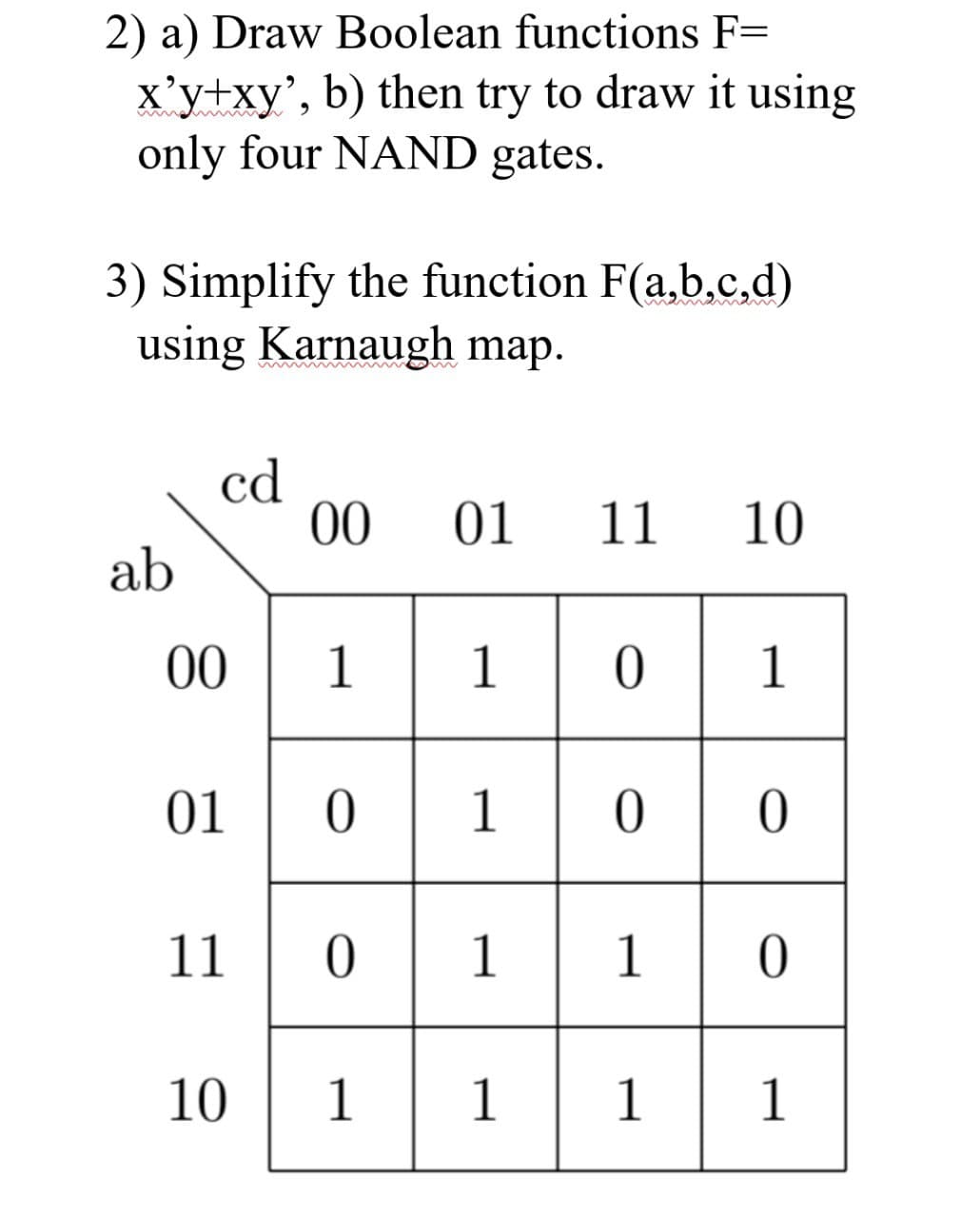 2) a) Draw Boolean functions F=
x'y+xy', b) then try to draw it using
only four NAND gates.
3) Simplify the function F(a,b,c,d)
using Karnaugh map.
ab
cd
00
01
11
10
00 01 11 10
110
01
01
1
10
1 1
0
0 0 1 1
1 1 0
1 1