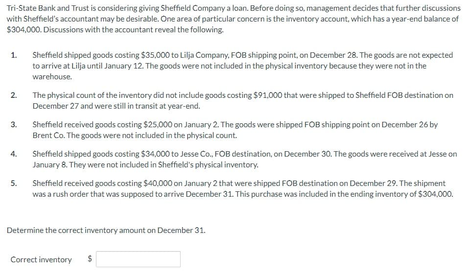 Tri-State Bank and Trust is considering giving Sheffield Company a loan. Before doing so, management decides that further discussions
with Sheffield's accountant may be desirable. One area of particular concern is the inventory account, which has a year-end balance of
$304,000. Discussions with the accountant reveal the following.
1.
2.
3.
4.
5.
Sheffield shipped goods costing $35,000 to Lilja Company, FOB shipping point, on December 28. The goods are not expected
to arrive at Lilja until January 12. The goods were not included in the physical inventory because they were not in the
warehouse.
The physical count of the inventory did not include goods costing $91,000 that were shipped to Sheffield FOB destination on
December 27 and were still in transit at year-end.
Sheffield received goods costing $25,000 on January 2. The goods were shipped FOB shipping point on December 26 by
Brent Co. The goods were not included in the physical count.
Sheffield shipped goods costing $34,000 to Jesse Co., FOB destination, on December 30. The goods were received at Jesse on
January 8. They were not included in Sheffield's physical inventory.
Sheffield received goods costing $40,000 on January 2 that were shipped FOB destination on December 29. The shipment
was a rush order that was supposed to arrive December 31. This purchase was included in the ending inventory of $304,000.
Determine the correct inventory amount on December 31.
Correct inventory
$