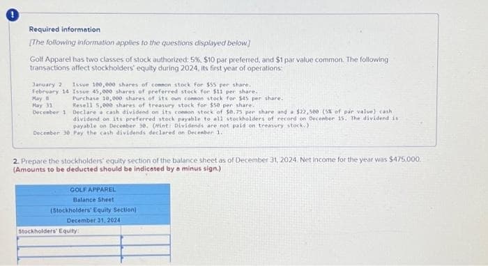 Required information
[The following information applies to the questions displayed below]
Golf Apparel has two classes of stock authorized: 5%, $10 par preferred, and $1 par value common. The following
transactions affect stockholders' equity during 2024, its first year of operations:
January 2 Issue 100,000 shares of common stock for $55 per share.
February 14 Issue 45,000 shares of preferred stock for $11 per share.
May B
May 31
Purchase 10,000 shares of its own common stock for $45 per share.
Resell 5,000 shares of treasury stock for $50 per share.
December 1 Declare a cash dividend on its common stock of $0.75 per share and a $22,500 (5% of par value) cash
dividend on its preferred stock payable to all stockholders of record on December 15. The dividend is
payable on December 30. (Hint: Dividends are not paid on treasury stock.)
December 30 Pay the cash dividends declared on December 1.
2. Prepare the stockholders' equity section of the balance sheet as of December 31, 2024. Net Income for the year was $475,000.
(Amounts to be deducted should be indicated by a minus sign.)
GOLF APPAREL
Balance Sheet
(Stockholders' Equity Section)
December 31, 2024
Stockholders' Equity