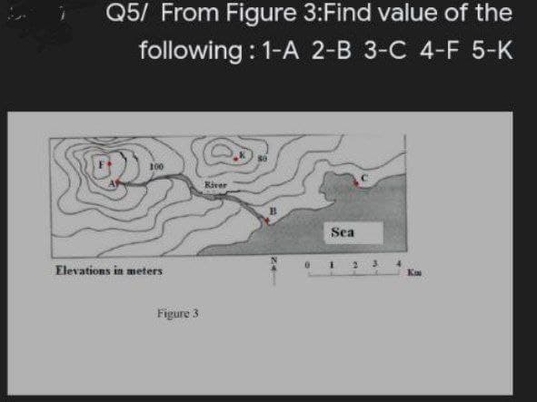 Q5/ From Figure 3:Find value of the
following: 1-A 2-B 3-C 4-F 5-K
100
River
Sea
Elevations in meters
Figure 3
0 1
2 3
Ko