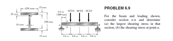 15 mm
PROBLEM 6.9
-250 mm
65 kN 90 kN 65 kN
0.3 m
(300 пm)
For the beam and loading shown,
consider section n-n and determine
(a) the largest shearing stress in that
section, (b) the shearing stress at point a.
25 mm
250 mm
10 mm
15 mm
06 m
06 m
06m
06 m
