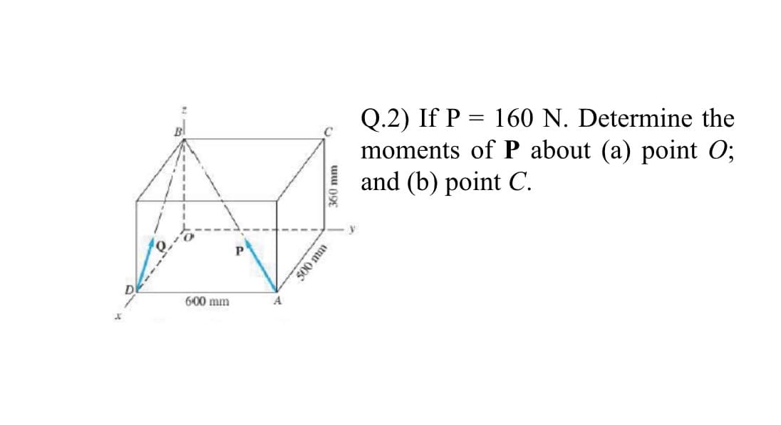 Q.2) If P = 160 N. Determine the
moments of P about (a) point O;
and (b) point C.
600 mm
500 mm
