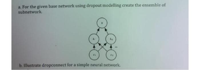 a. For the given base network using dropout modelling create the ensemble of
subnetwork.
b. Illustrate dropconnect for a simple neural network.
