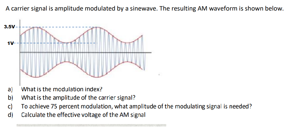 A carrier signal is amplitude modulated by a sinewave. The resulting AM waveform is shown below.
3.5V-
1V-
a)
What is the amplitude of the carrier signal?
b)
c)
To achieve 75 percent modulation, what amplitude of the modulating signal is needed?
d)
Calculate the effective voltage of the AM signal
What is the modulation index?

