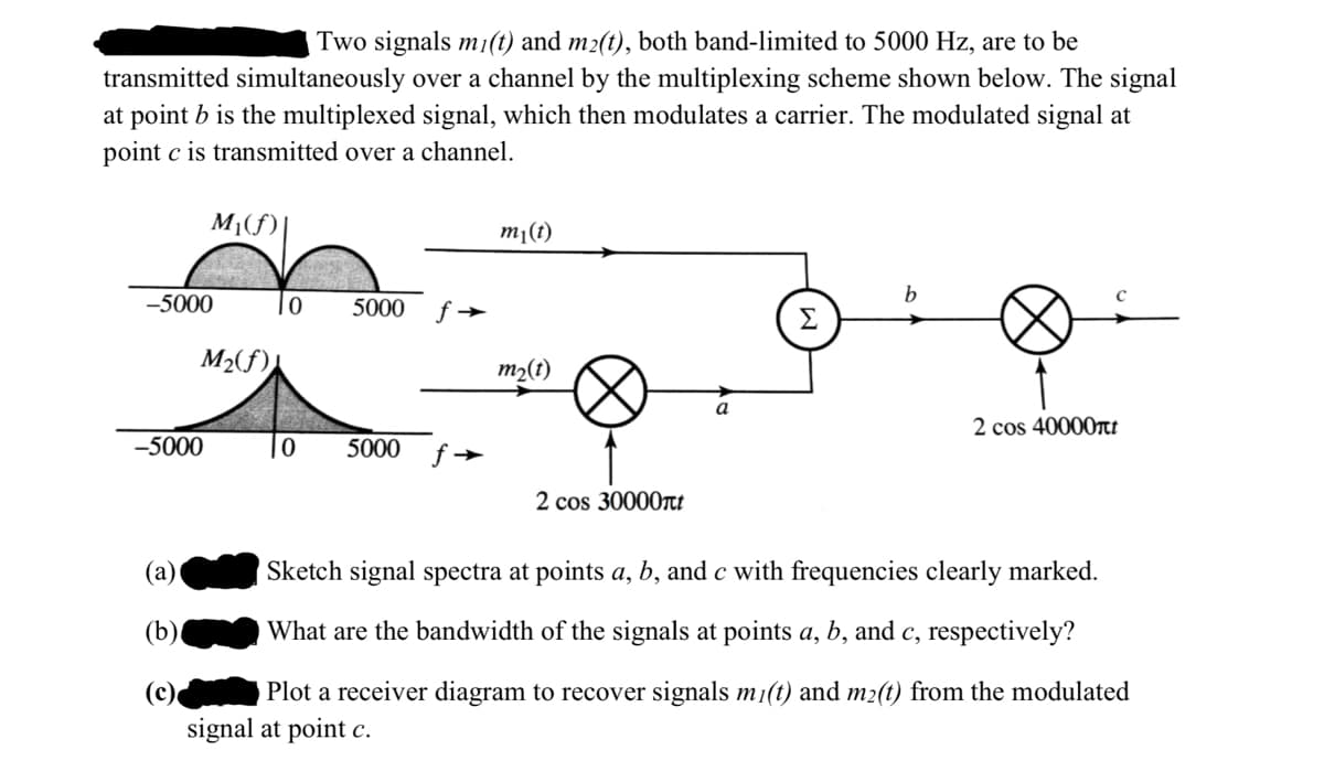 Two signals m(t) and m2(t), both band-limited to 5000 Hz, are to be
transmitted simultaneously over a channel by the multiplexing scheme shown below. The signal
at point b is the multiplexed signal, which then modulates a carrier. The modulated signal at
point c is transmitted over a channel.
M¡(f)
m¡(t)
b
-5000
To
5000
f →
Σ
M2(f)\
m2(t)
а
2 cos 40000TI
-5000
5000
2 cos 30000nt
(a)
Sketch signal spectra at points a, b, and c with frequencies clearly marked.
(b)
What are the bandwidth of the signals at points a, b, and c, respectively?
(c)
Plot a receiver diagram to recover signals m1(t) and m2(t) from the modulated
signal at point c.
